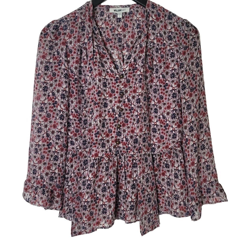 William Rast Button Up Boho Floral Top S Purple Peplum Tie Neck Ruffle Sleeves